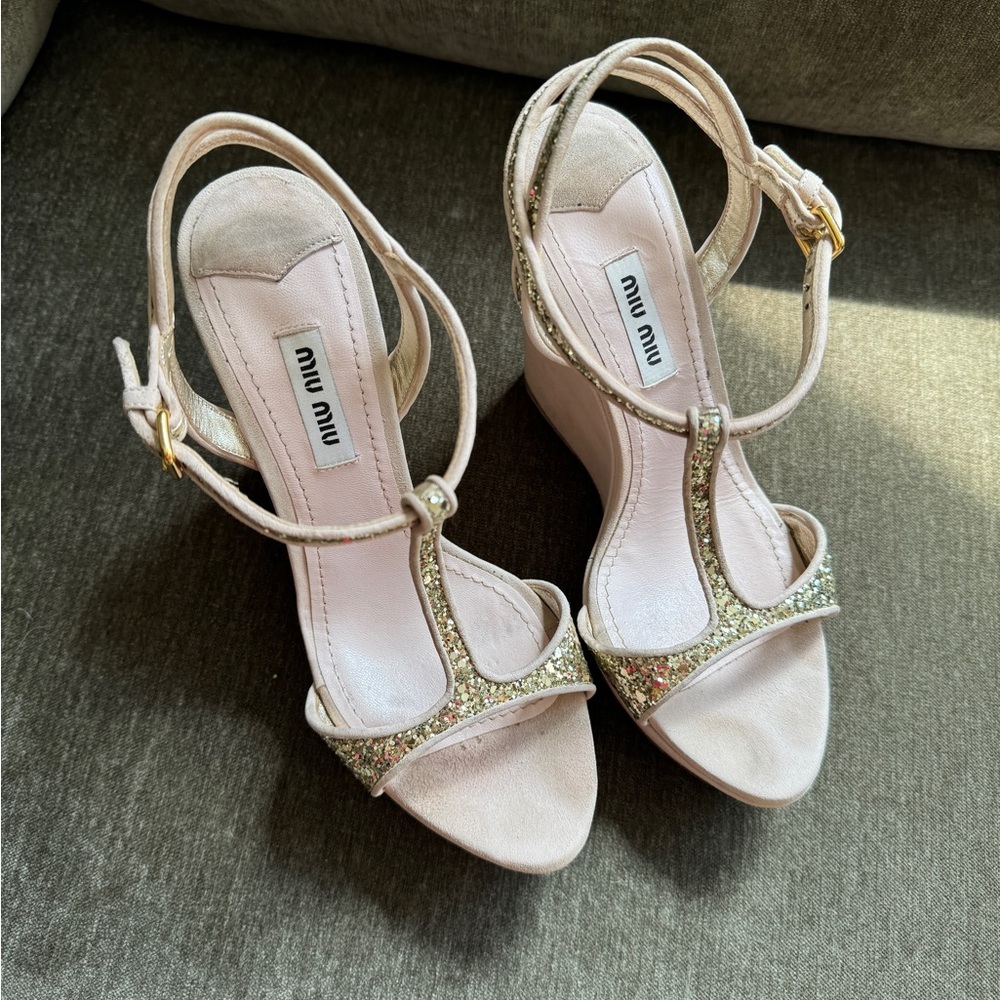 Miu Miu Beige and Sparkling Gold Wedges